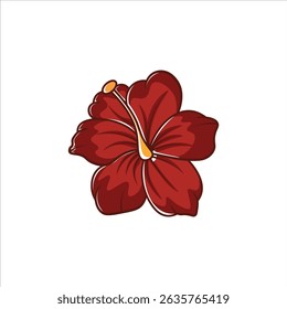 A bright colored flat illustration of a hibiscus, featuring its red petals and yellow center with green leaves, ideal for summer and exotic visuals.
