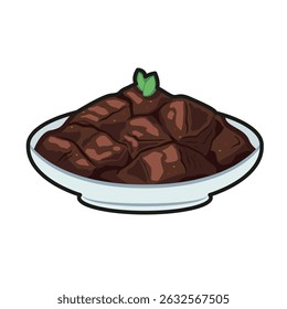 A bright colored flat illustration of rendang, featuring rich brown tones and tender beef, ideal for food marketing.