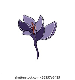 Eine helle, flache Illustration einer Safranblume mit ihren violetten Blütenblättern und roten Stigmata mit grünen Blättern, ideal für kulinarische und florale Bilder.
