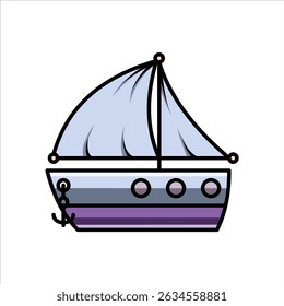 A bright colored flat illustration of a sailboat, featuring blue and white sails, ideal for marine and tourism visuals.