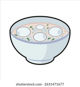 A bright colored flat illustration of Tangyuan, showcasing white and colored rice balls in a sweet soup.