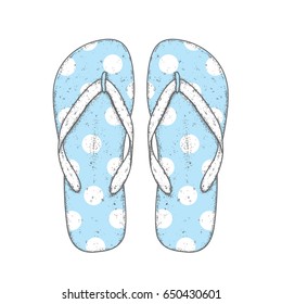 Bright colored flip flops. Vector illustration for a postcard or a poster. Beach shoes. Summer, vacation and vacation by the sea or the ocean.