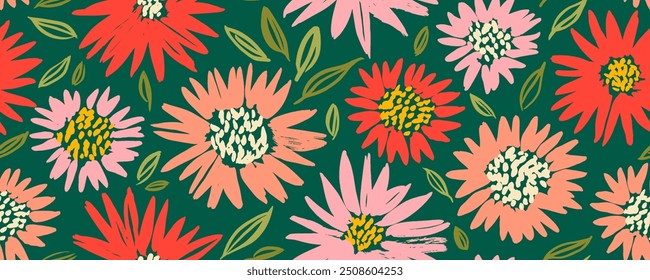 Bright colored floral seamless pattern with chrysanthemums or asters. Daisy motives, peachy orange flowers seamless background. Botanical wallpaper with brush drawn colorful flowers and leaves.