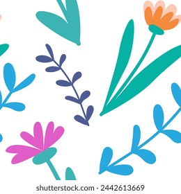 Vector floral de colores brillantes patrón sin fisuras con flores rosadas, amarillas y naranjas, ramas azules y cian con hojas. Ideal para embalaje, tela, papel pintado, forro, protectores de pantalla