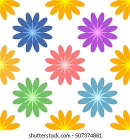 Bright colored flowers. Colored stars. Seamless pattern. White background.