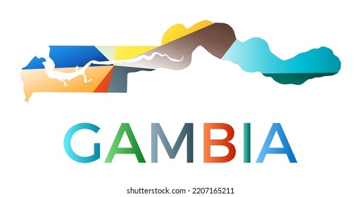 Bright colored Gambia shape. Multicolor geometric style country logo. Modern trendy design. Amazing vector illustration.