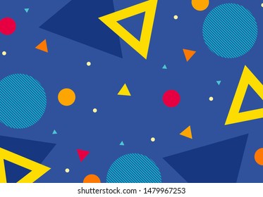 Bright colored geometric shapes purple background. Memphis style. Dynamic abstract lines compositions. Vector illustrations. 
