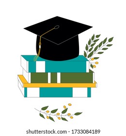 Bright colored graduation hat on books near leaves of olives. Vector colorful stock illustration isolated on white background. Can be used as icon or in web.