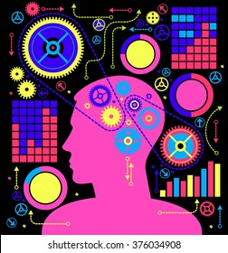 Bright colored graphics on a black background. Template of human intelligence. Head and Brain gears in progress. Background info-graphics. 