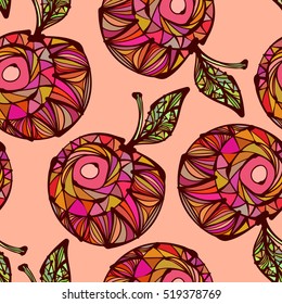 Bright colored hand drawn apples, fruit, abstract, ethnic motives. Vector seamless pattern