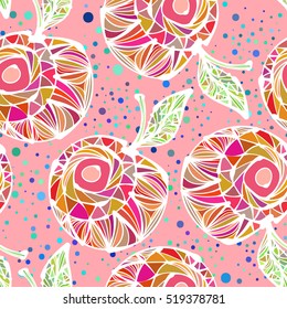 Bright colored hand drawn apples, fruit, abstract, ethnic motives. Vector seamless pattern
