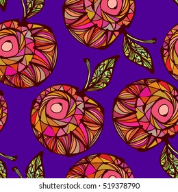 Bright colored hand drawn apples, fruit, abstract, ethnic motives. Vector seamless pattern
