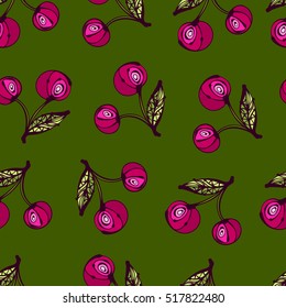 Bright colored hand drawn cherries, abstraction. Vector seamless pattern.