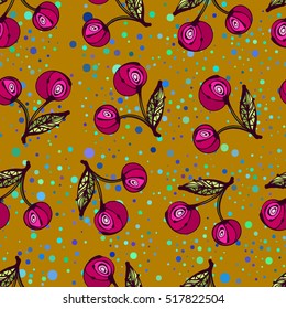 Bright colored hand drawn cherries, abstraction. Vector seamless pattern.