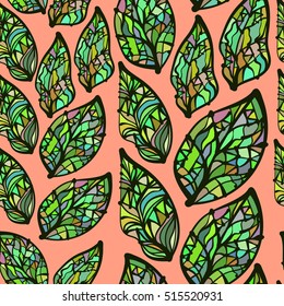 Bright colored hand drawn leaves, abstraction. Vector seamless pattern