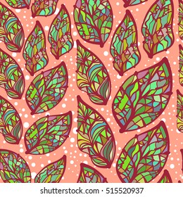 Bright colored hand drawn leaves, abstraction. Vector seamless pattern