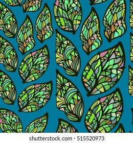 Bright colored hand drawn leaves, abstraction. Vector seamless pattern