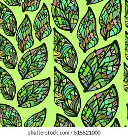 Bright colored hand drawn leaves, abstraction. Vector seamless pattern