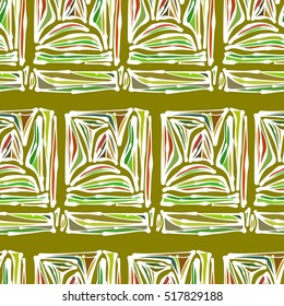 Bright colored hand drawn leaves, abstraction, ethnic motifs. Vector seamless pattern