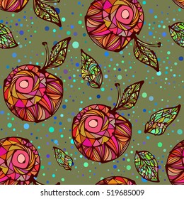 Bright colored hand drawn leaves, apples, abstraction, ethnic motifs. Vector seamless pattern
