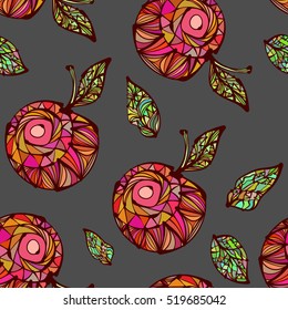 Bright colored hand drawn leaves, apples, abstraction, ethnic motifs. Vector seamless pattern