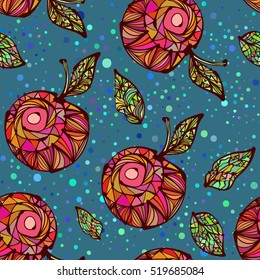 Bright colored hand drawn leaves, apples, abstraction, ethnic motifs. Vector seamless pattern