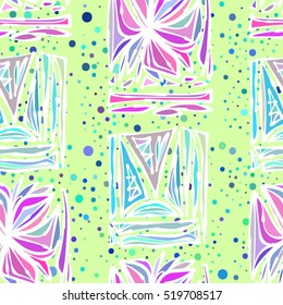 Bright colored hand drawn leaves, abstraction, ethnic motifs. Vector seamless pattern