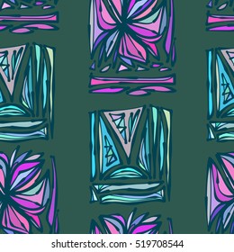Bright colored hand drawn leaves, abstraction, ethnic motifs. Vector seamless pattern