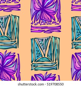 Bright colored hand drawn leaves, abstraction, ethnic motifs. Vector seamless pattern