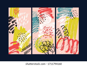 Bright colored with hand drawn scribbles   Social media story templates. Abstract pattern. Seasonal sale banner. Trend background.  Birthday party or anniversary invitation. Pattern background set.