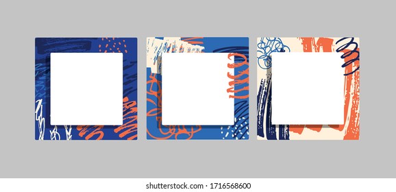 Bright colored with hand drawn scribbles   Social media story templates. Abstract pattern. Seasonal sale banner. Trend background.  Birthday party or anniversary invitation. Pattern background set.