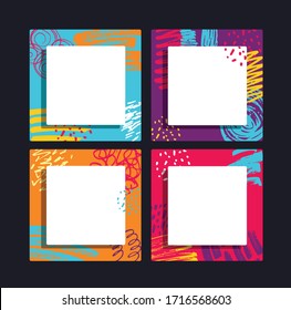 Bright colored with hand drawn scribbles   Social media story templates. Abstract pattern. Seasonal sale banner. Trend background.  Birthday party or anniversary invitation. Pattern background set.