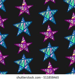 Bright colored hand drawn stars, etc. Vector seamless pattern.