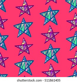 Bright colored hand drawn stars, etc. Vector seamless pattern.