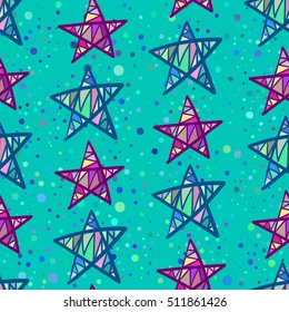 Bright colored hand drawn stars, etc. Vector seamless pattern.