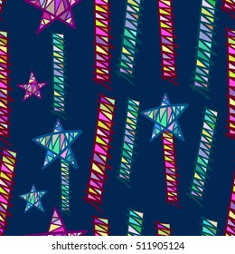 Bright colored hand drawn stars, lines, etc. Vector seamless pattern.