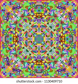 Bright colored handkerchief with abstract ornament for silk scarf or shawl. Rich pattern in Arabic style.