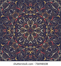 Bright colored handkerchief with damask pattern silk scarf or shawl.