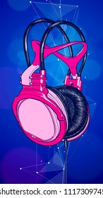 Bright colored headphones on a blue background with a stylized digital sound wave. Bright atmosphere of music, disco, concert & fun pastime. Vector illustration for an advertising poster or flyer