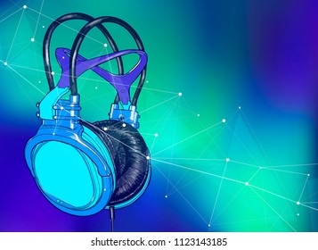 Bright colored headphones on a blue background with a stylized digital sound wave. Bright atmosphere of music, disco, concert & fun pastime. Vector illustration for an advertising poster or flyer