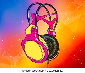 Bright colored headphones on a colorful background with a stylized digital sound wave. Bright atmosphere of music, disco, concert & fun pastime. Vector illustration for an advertising poster or flyer