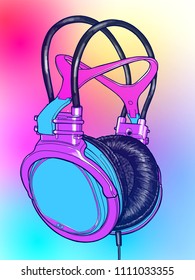 Bright colored headphones on a colorful background with a stylized digital sound wave. Bright atmosphere of music, disco, concert & fun pastime. Vector illustration for an advertising poster or flyer