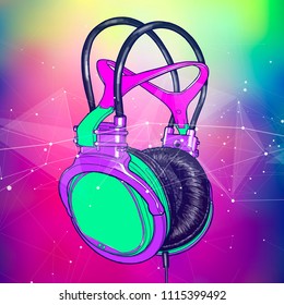 Bright colored headphones on a colorful background with a stylized digital sound wave. Bright atmosphere of music, disco, concert & fun pastime. Vector illustration for an advertising poster or flyer