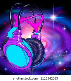 Bright colored headphones on a cosmic color background - a galaxy, stars and planets. Bright atmosphere of music, disco, concert and fun pastime. Vector illustration for an advertising poster or flyer