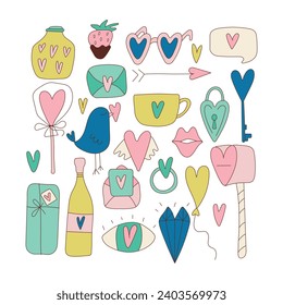 Bright colored hearts of different types and shapes vector set. Stickers. Lots of hearts for design set. Vector