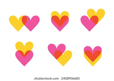 Conjunto de iconos de corazones de color brillante. Corazones fusionados. Corazón en el corazón. Estilo plano. Ilustración del vector