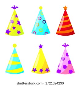 Bright, colored holiday caps on a white background. Hats in the shape of a cone for various happy holidays. Vector illustration. Stock Photo.