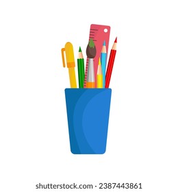 Bright colored Home and office stationery. Pencils, brushes, ruler in stand, isolated on white background. Pencil stand for website design, logo, ui. Vector illustration in flat style	