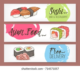 Bright colored horizontal banner templates with hand drawn sushi, rolls and ginger on white background. Vector illustration for Japanese restaurant advertisement, Asian food delivery service.