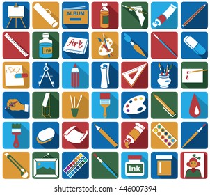 bright colored icons on white background on a theme: the attributes of art and creativity